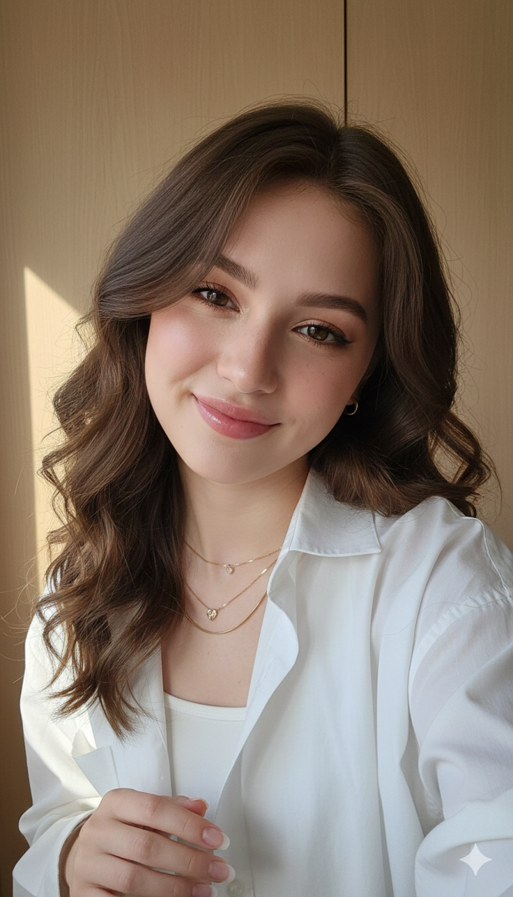 Woman with long brown hair and a white shirt, wearing layered necklaces