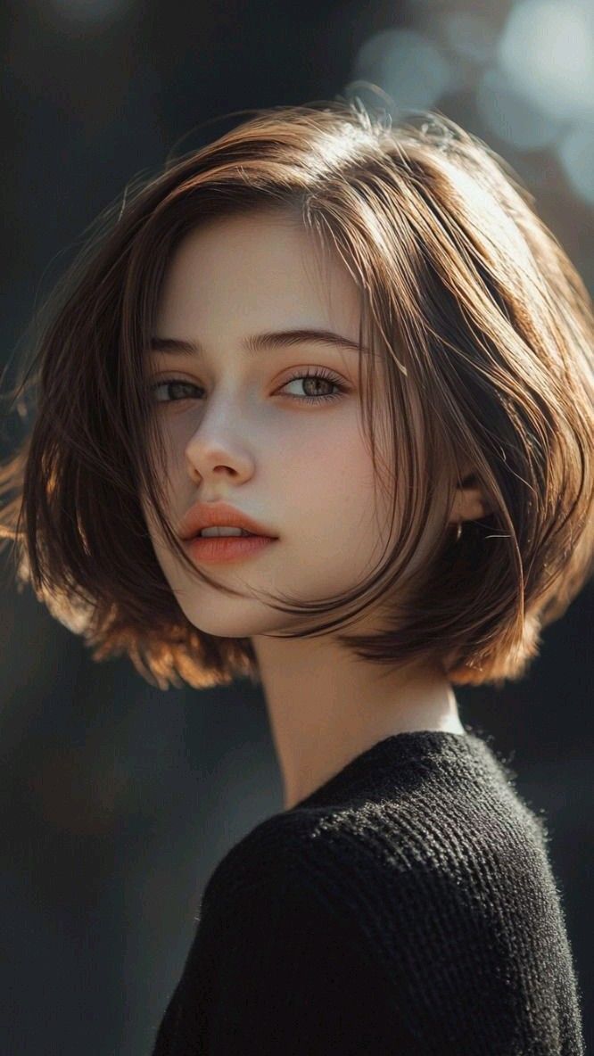 Woman with short brown hair in a black sweater with soft backlight