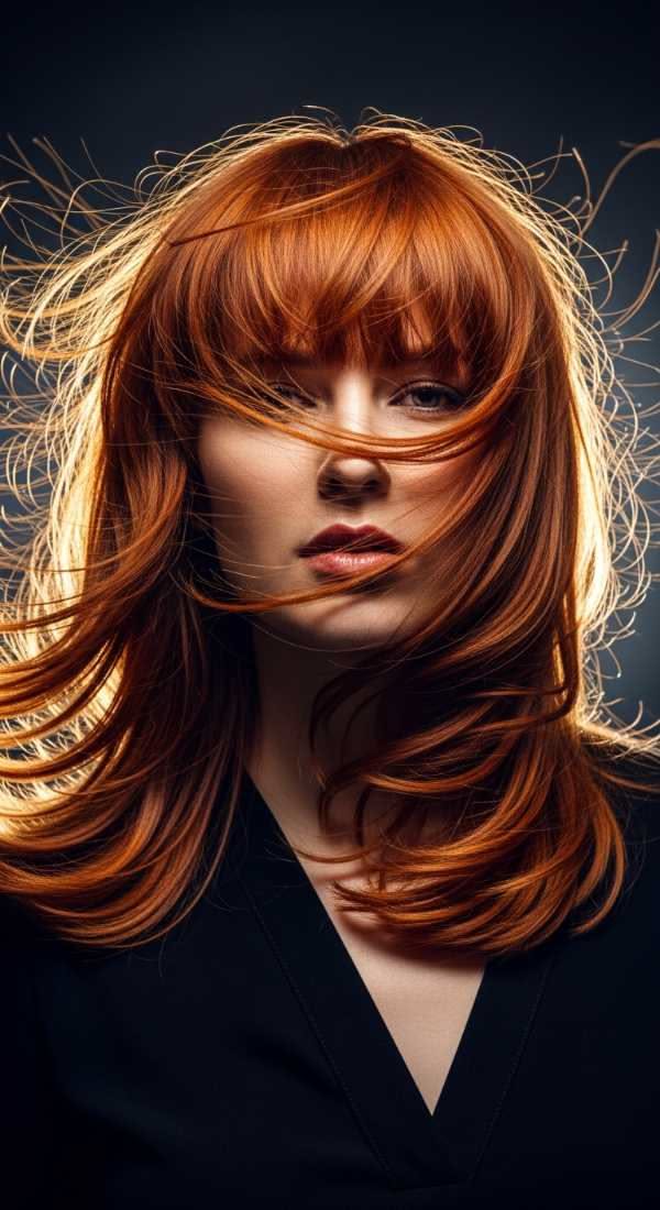 Woman with long red hair blowing across her face against a dark background