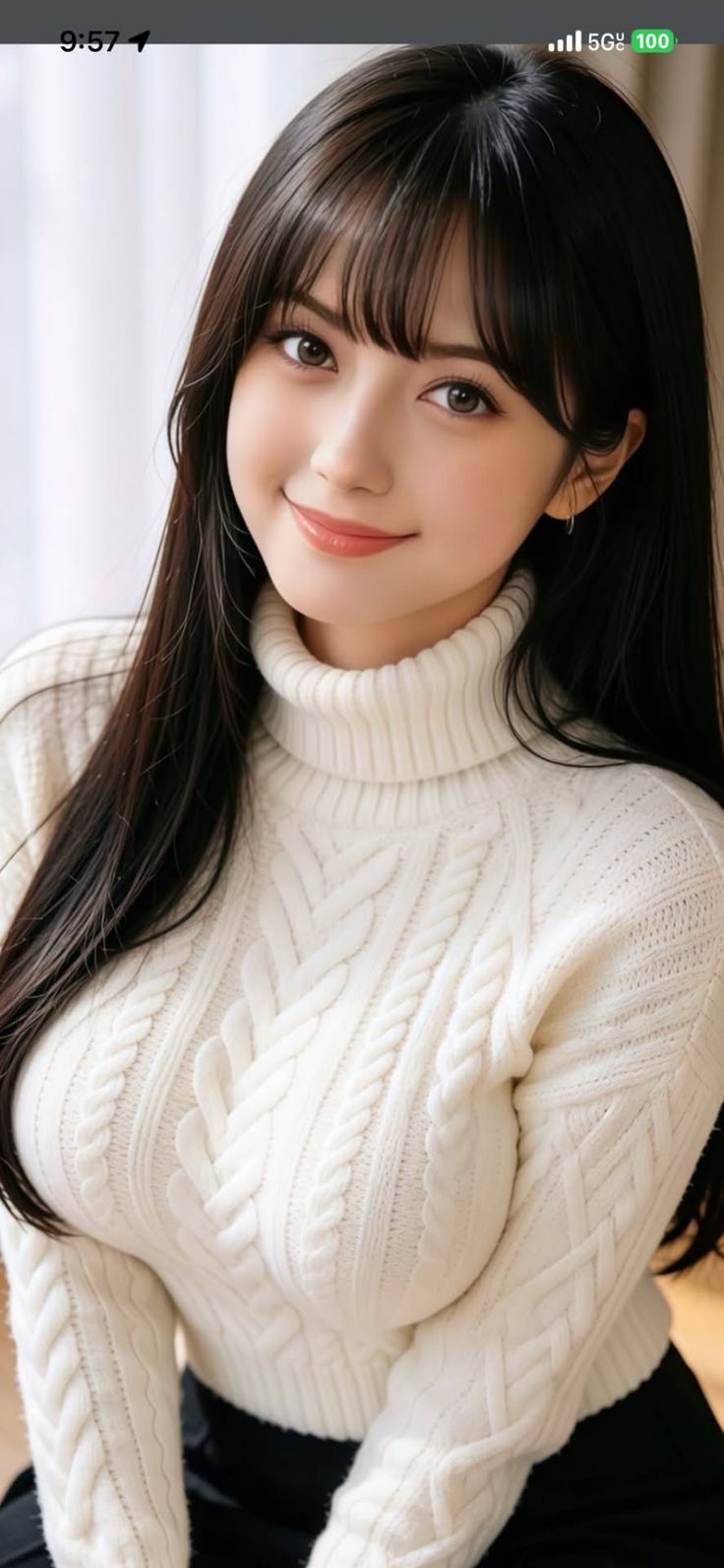 Woman with long black hair wearing a white cable knit turtleneck sweater