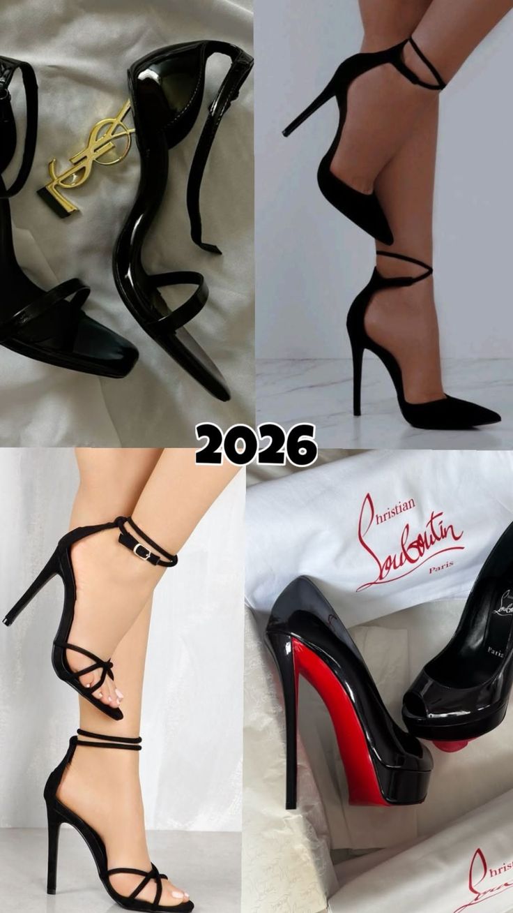 Collage of black high heels, including Christian Louboutin and YSL