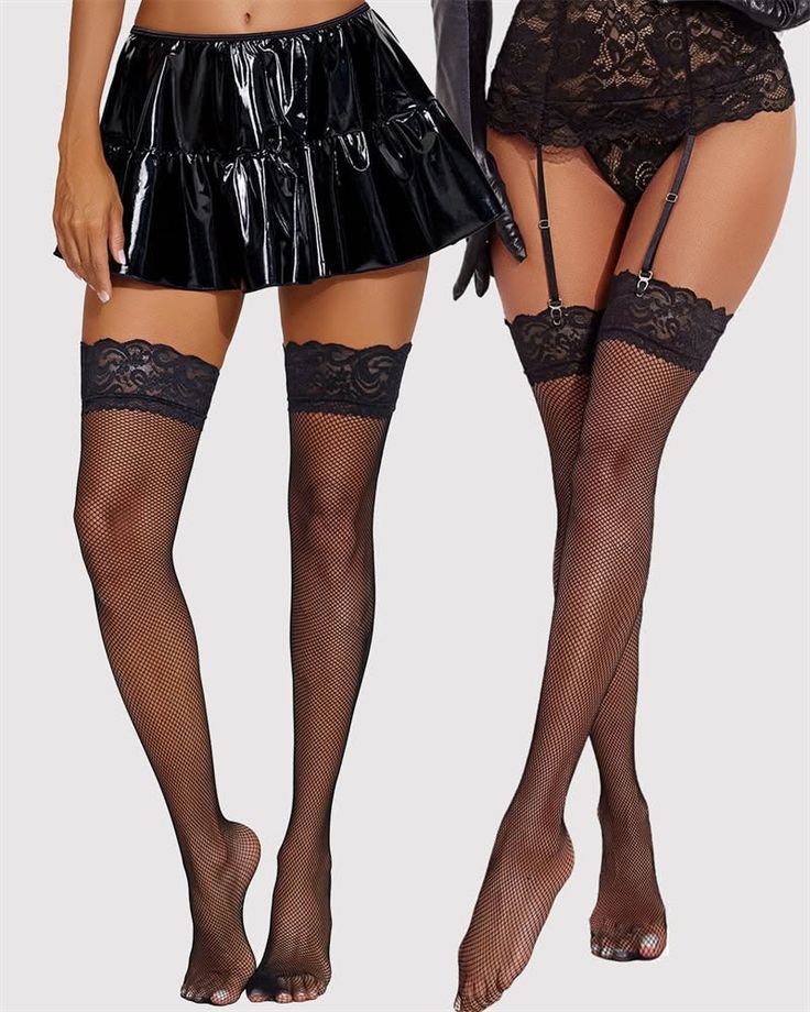 Two women wearing black lingerie and fishnet stockings