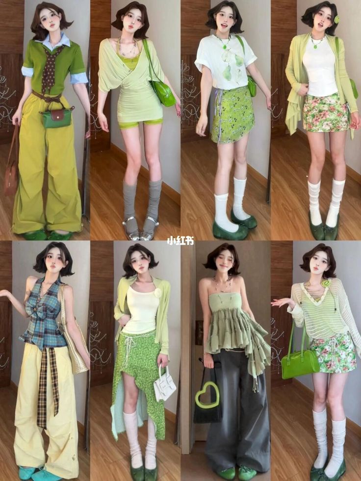 Multiple women in various green-themed outfits posing indoors
