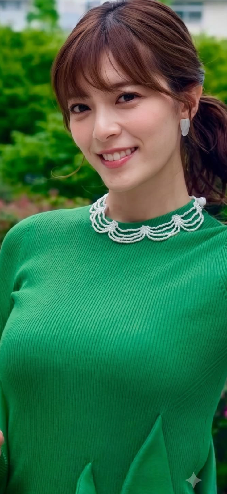 Woman with brown hair in a ponytail wearing a green top and white necklace, smiling outdoors