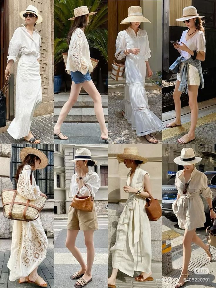 Multiple women in various summer outfits featuring straw hats and light-colored clothing