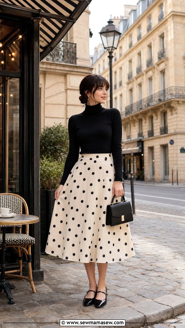 Woman in a black turtleneck and polka dot skirt on a city street