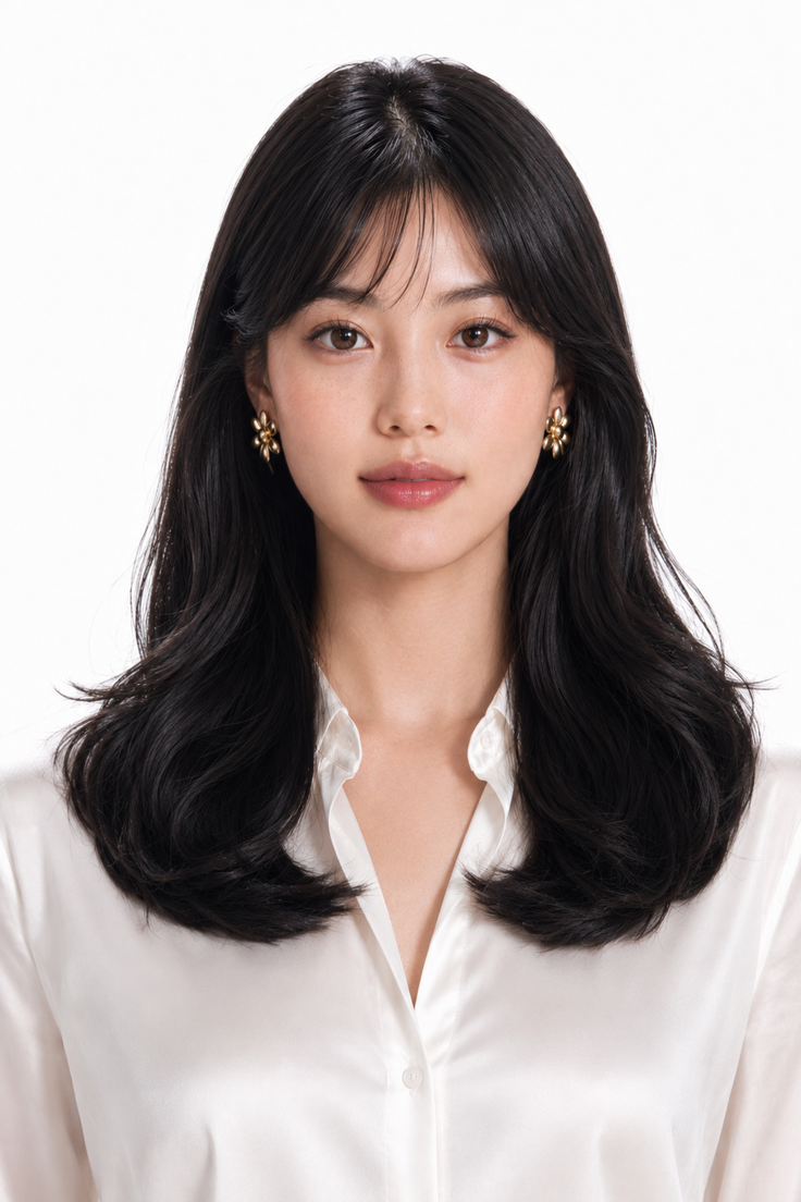 Woman with long black hair wearing a white shirt and earrings