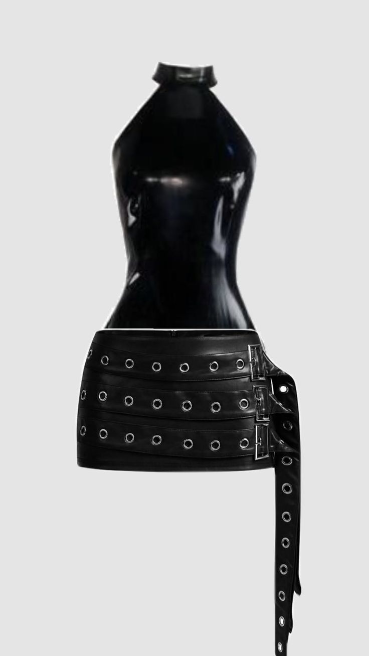 Black latex top and leather skirt with grommets and buckle straps