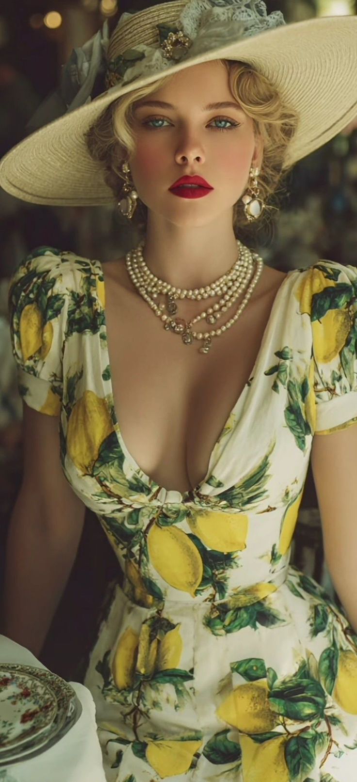 Woman in a lemon print dress and wide brim hat with a pearl necklace