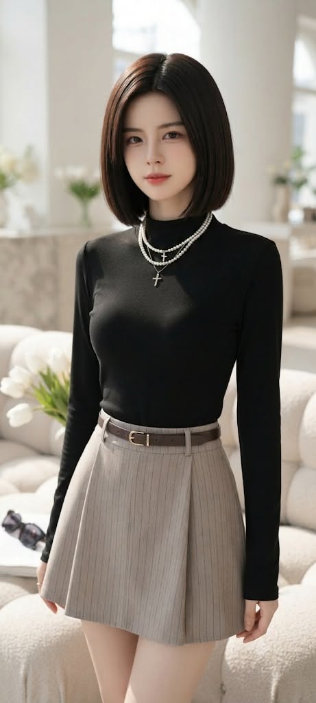 Woman with short black hair wearing a black top and mini skirt indoors