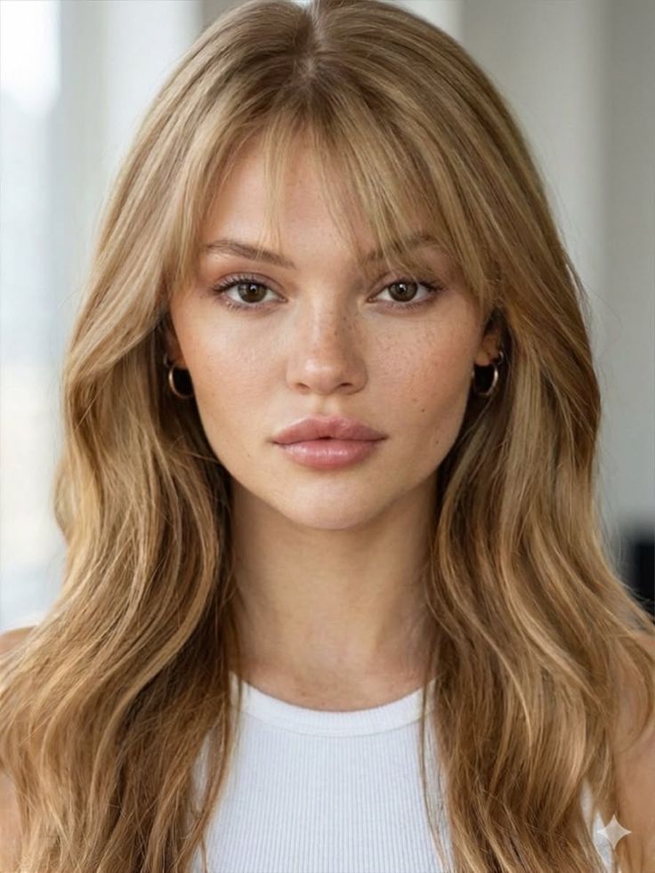 Woman with long blonde hair and freckles wearing a white top and hoop earrings