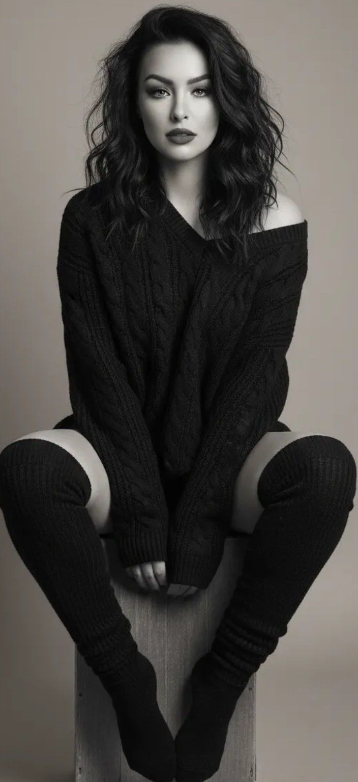 Woman in an off-shoulder sweater and thigh-high socks in a studio shot