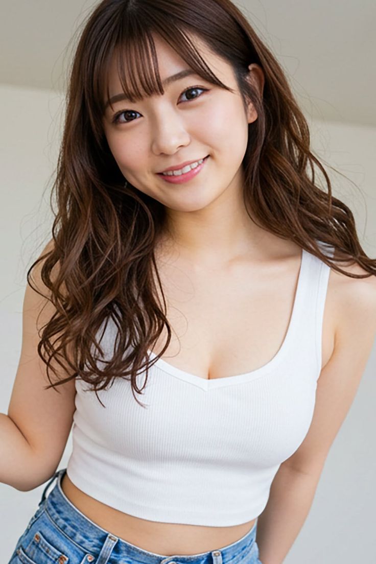 Woman with long brown hair and a white tank top smiling at the camera