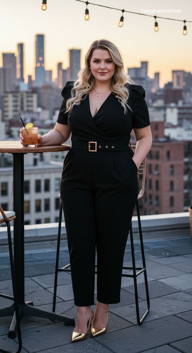 Woman in a black jumpsuit holding a cocktail on a rooftop at golden hour