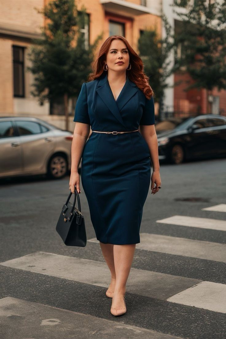 Woman in a navy blue dress with a handbag walking on a street