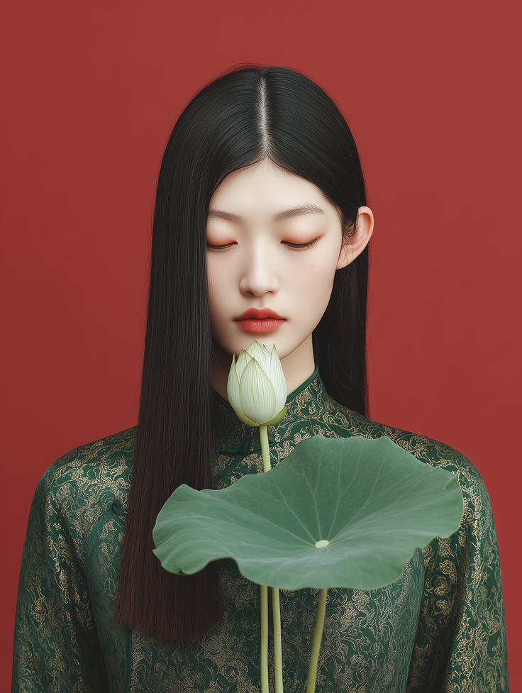 Woman in a green cheongsam holding a lotus flower against a red background