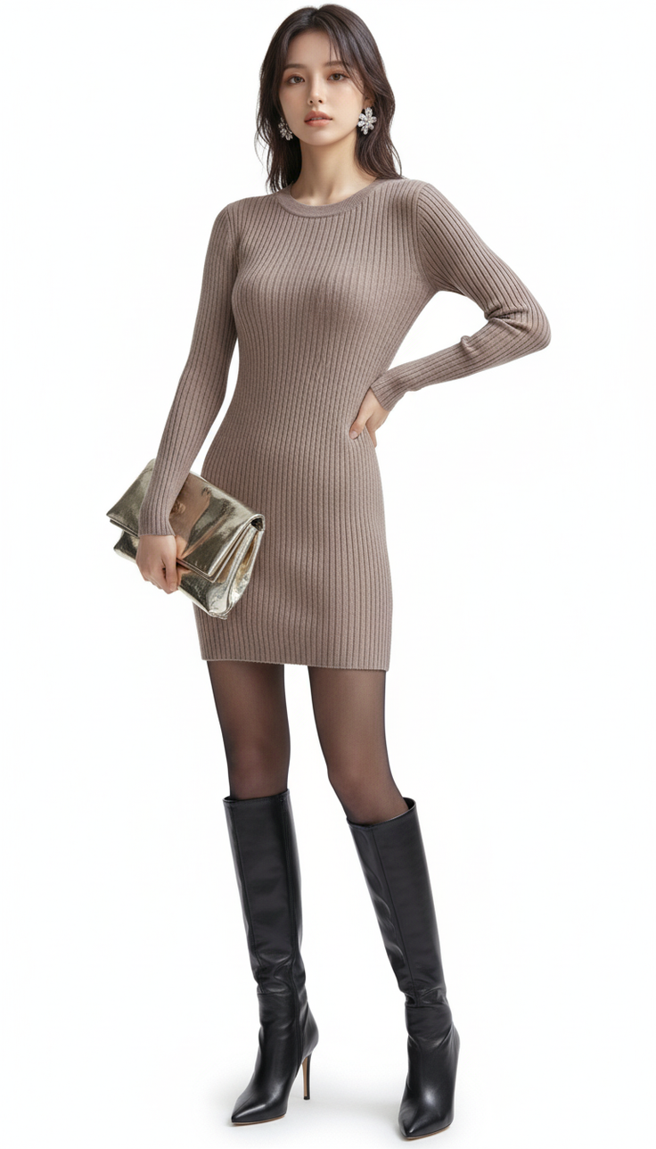 Woman in a ribbed dress, black boots, and a gold clutch on a white background