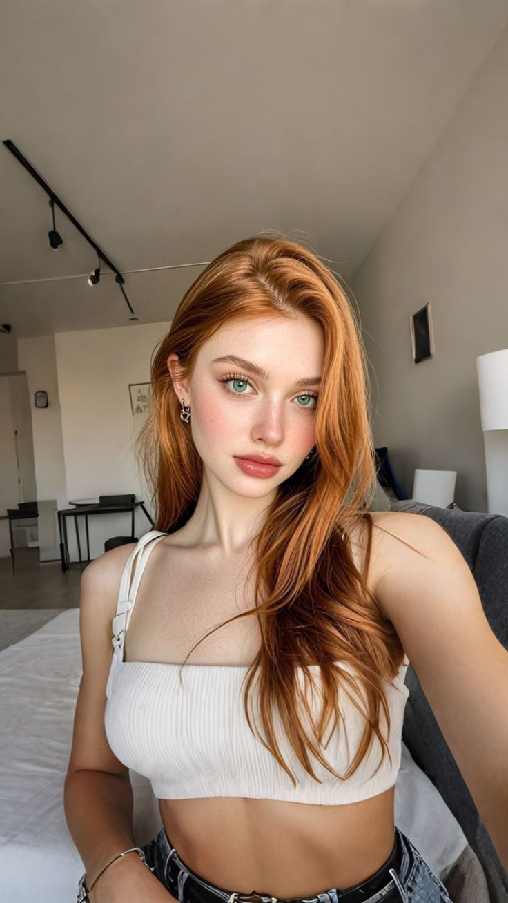 Woman with red hair and green eyes wearing a white crop top indoors