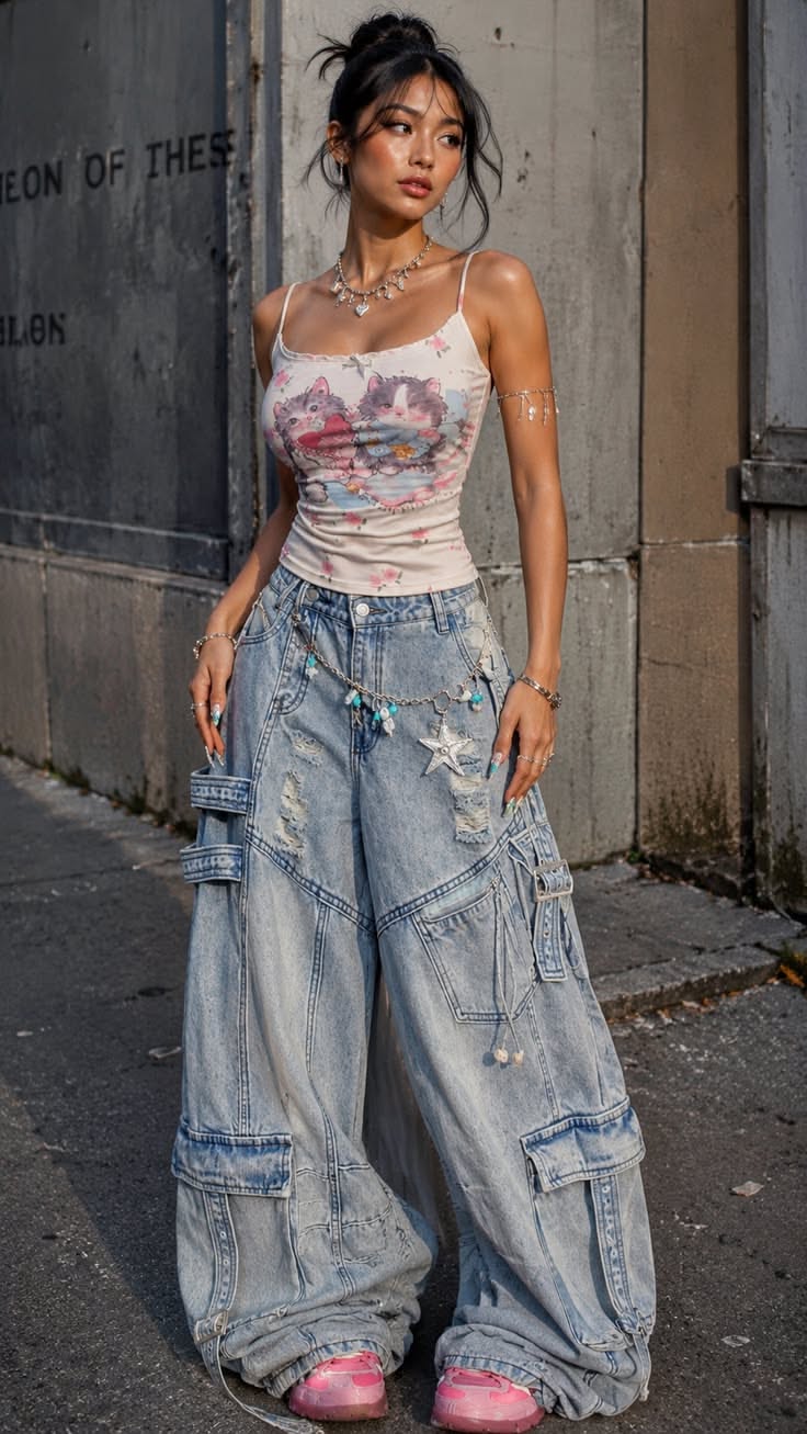 Woman in baggy jeans and a spaghetti strap top with a messy bun outdoors