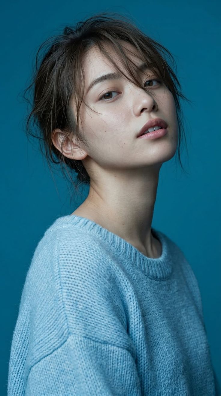 Woman with messy brown hair wearing a light blue sweater against a blue background