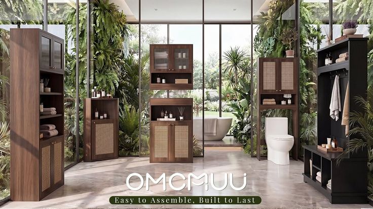 Modern bathroom with wooden cabinets and tropical plants, featuring a large window view