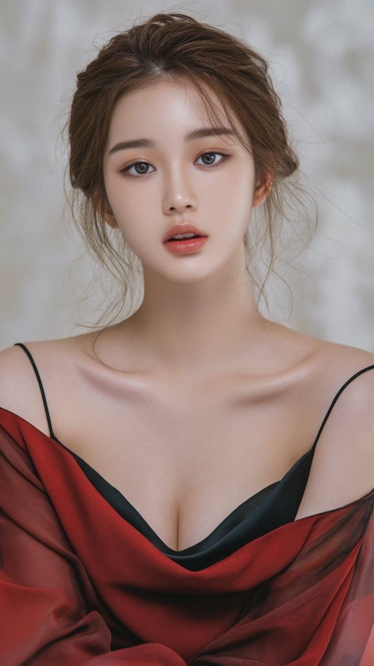Woman with brown hair in an updo wearing a red dress and black top