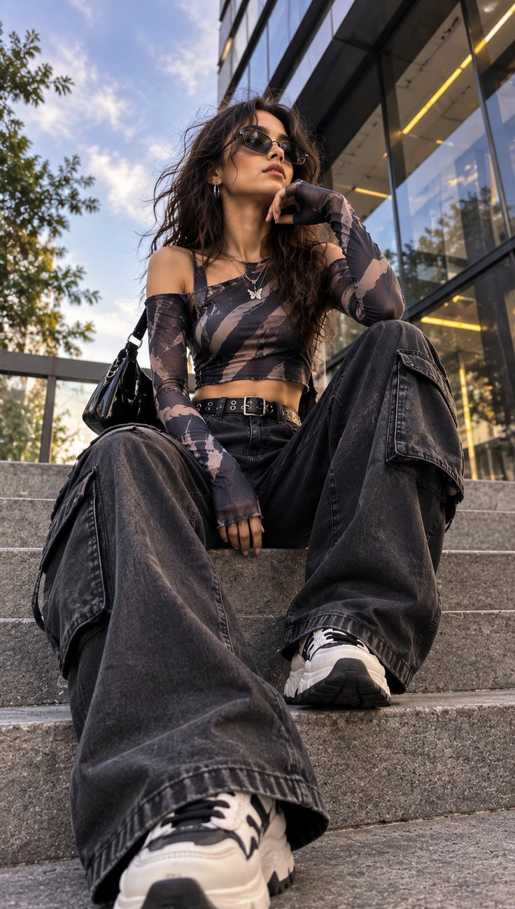 Woman in sunglasses and a crop top sitting on outdoor stairs