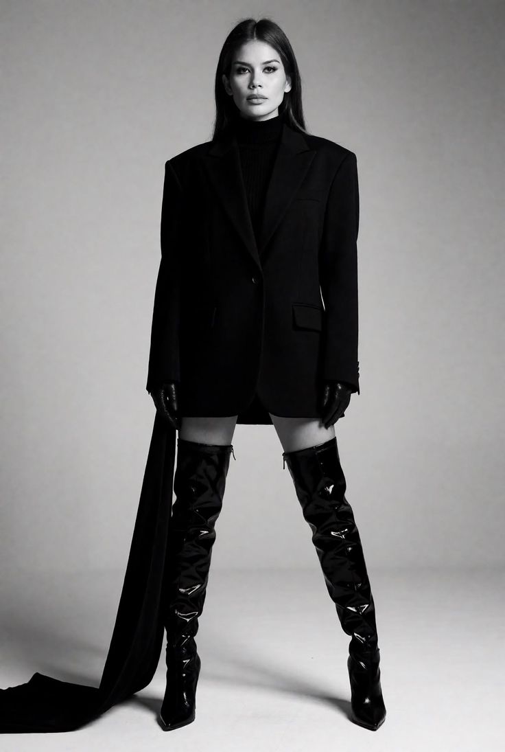 Woman in an oversized blazer and thigh high boots in a black and white studio shot