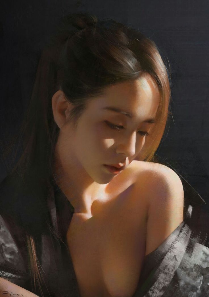 Illustration of a woman with long hair and exposed shoulders against a dark background
