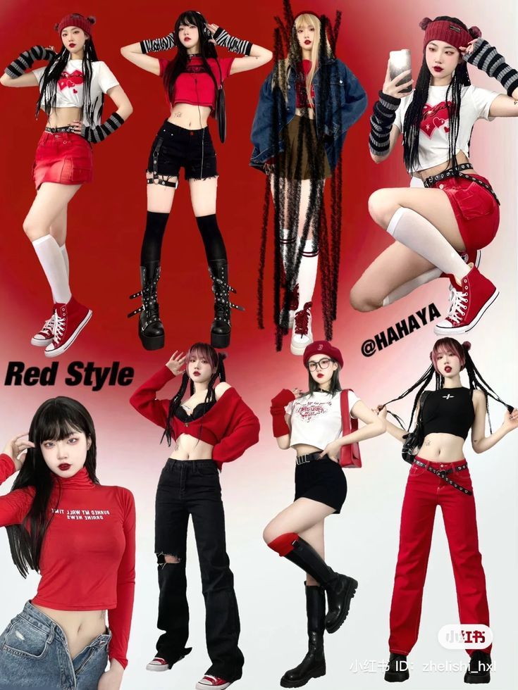 Multiple women posing in various red and black outfits
