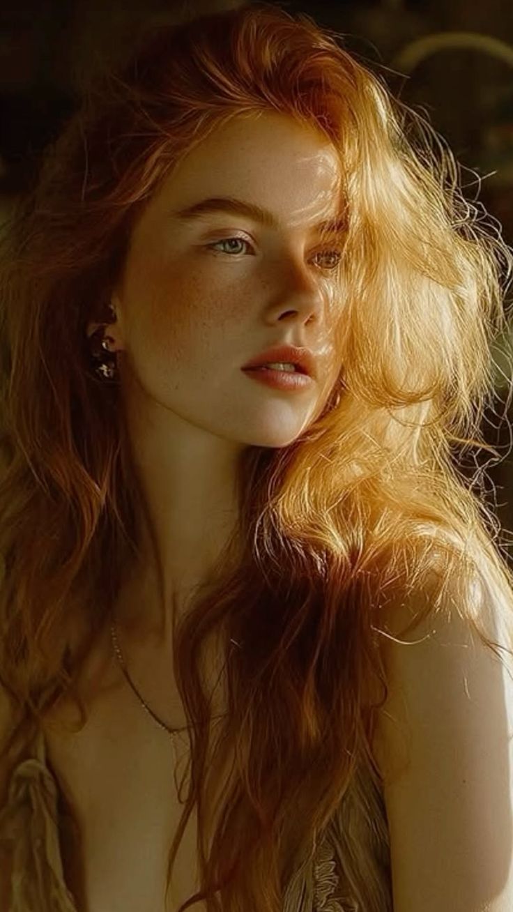 Woman with red hair and freckles in soft lighting with exposed skin