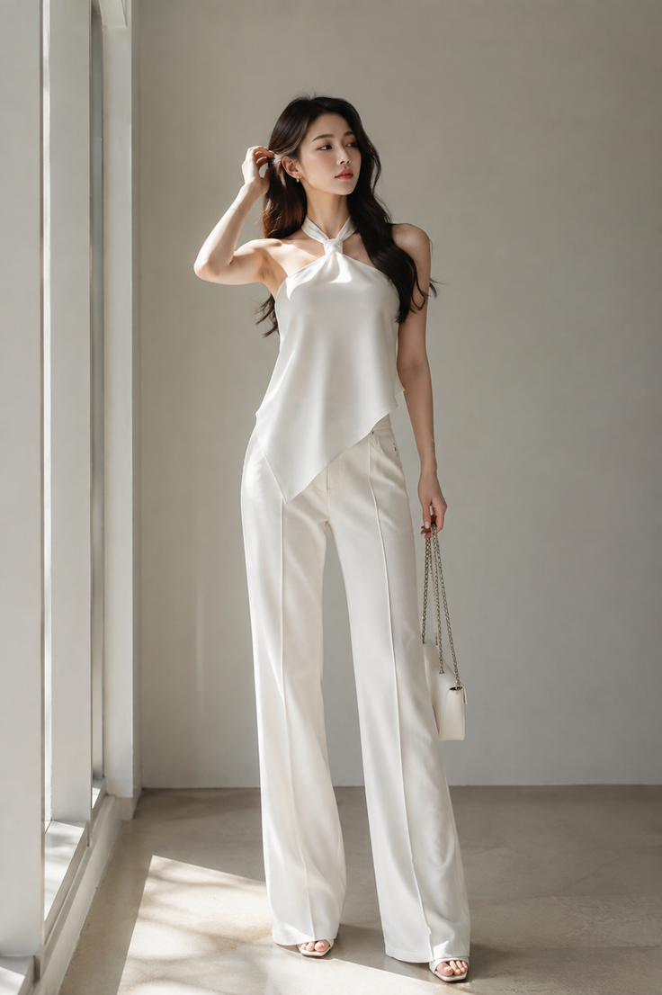Woman in a white halter top and white pants posing indoors