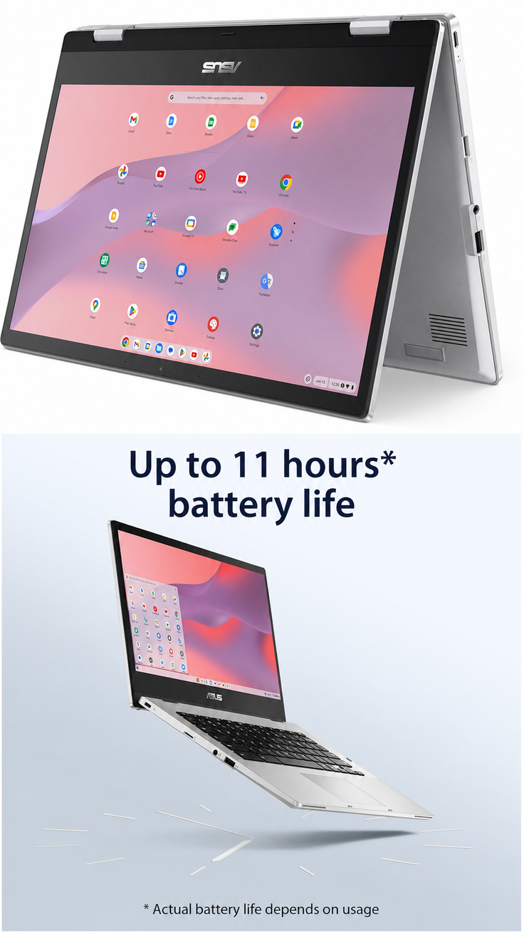Silver ASUS Chromebook with open screen displaying app icons