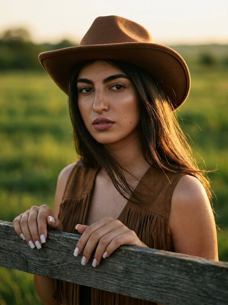 Woman in a cowboy hat and fringe vest leaning on a wooden fence at golden hour
