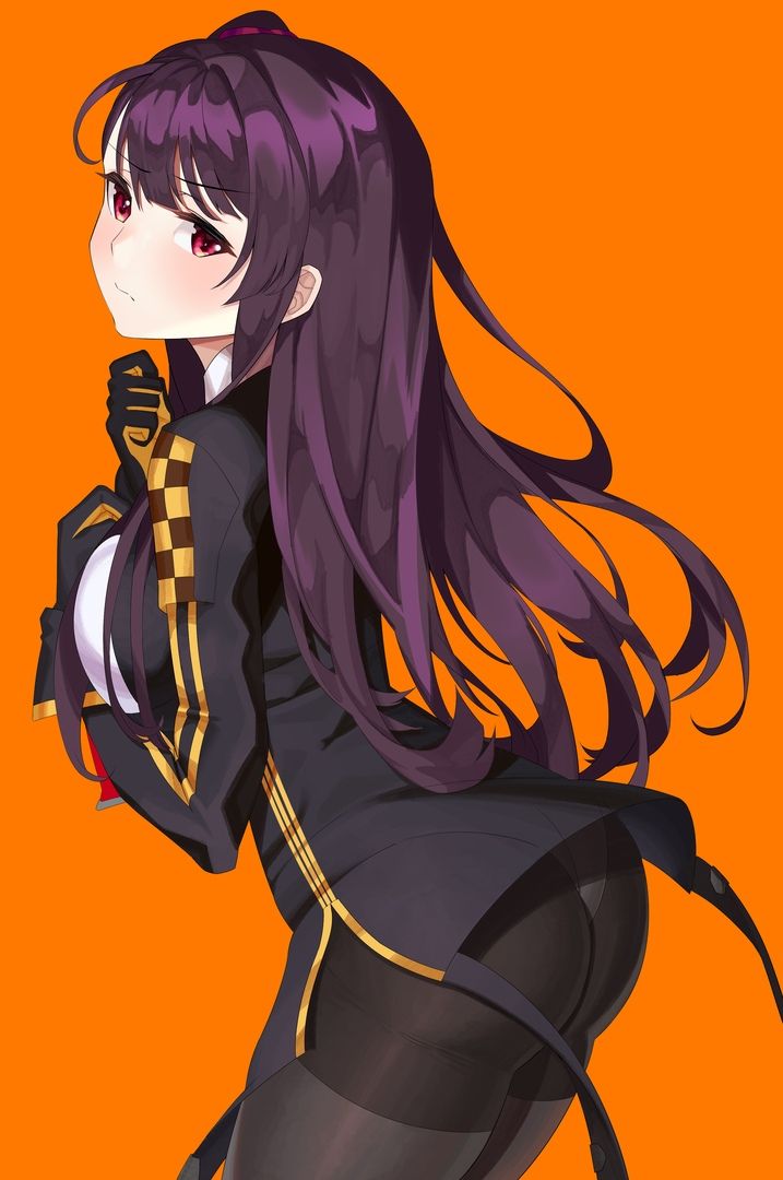 Anime girl with long purple hair in a black uniform against an orange background