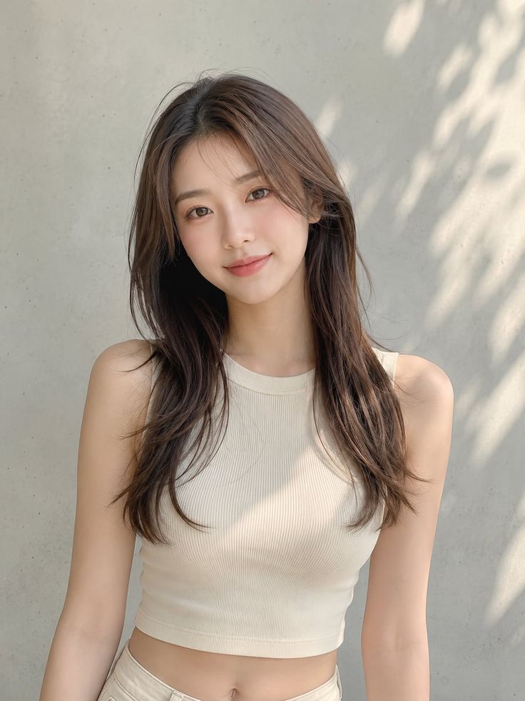 Woman with long brown hair wearing a crop top outdoors with soft lighting