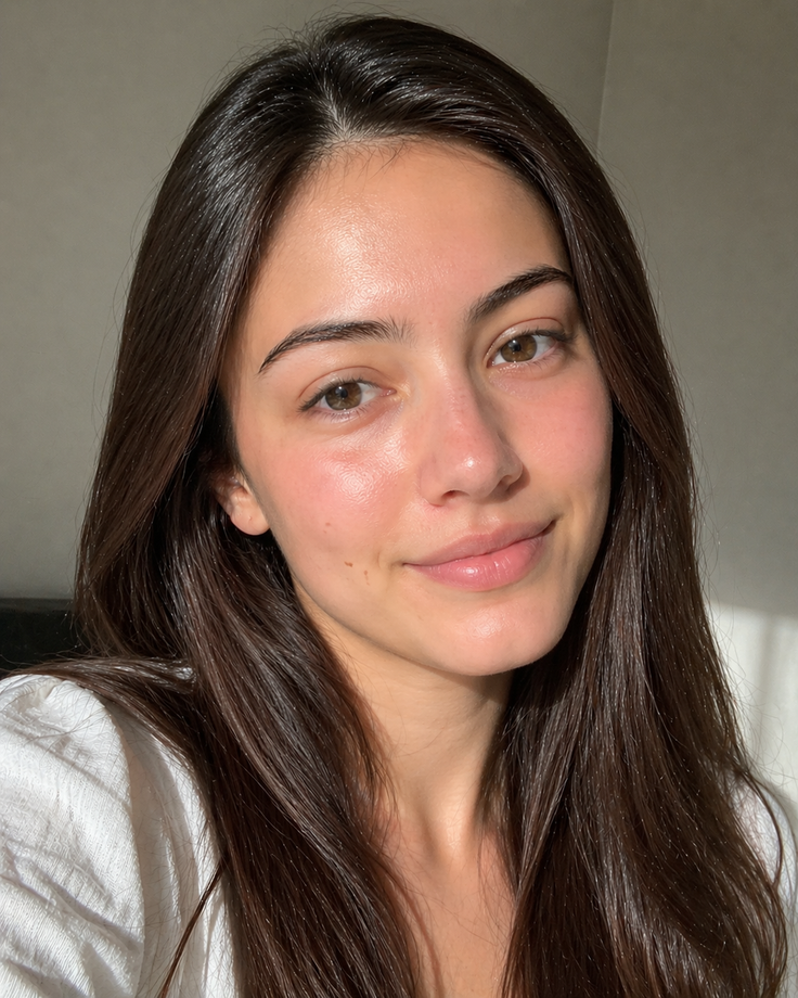 Woman with long brown hair in a white shirt, smiling in soft indoor lighting