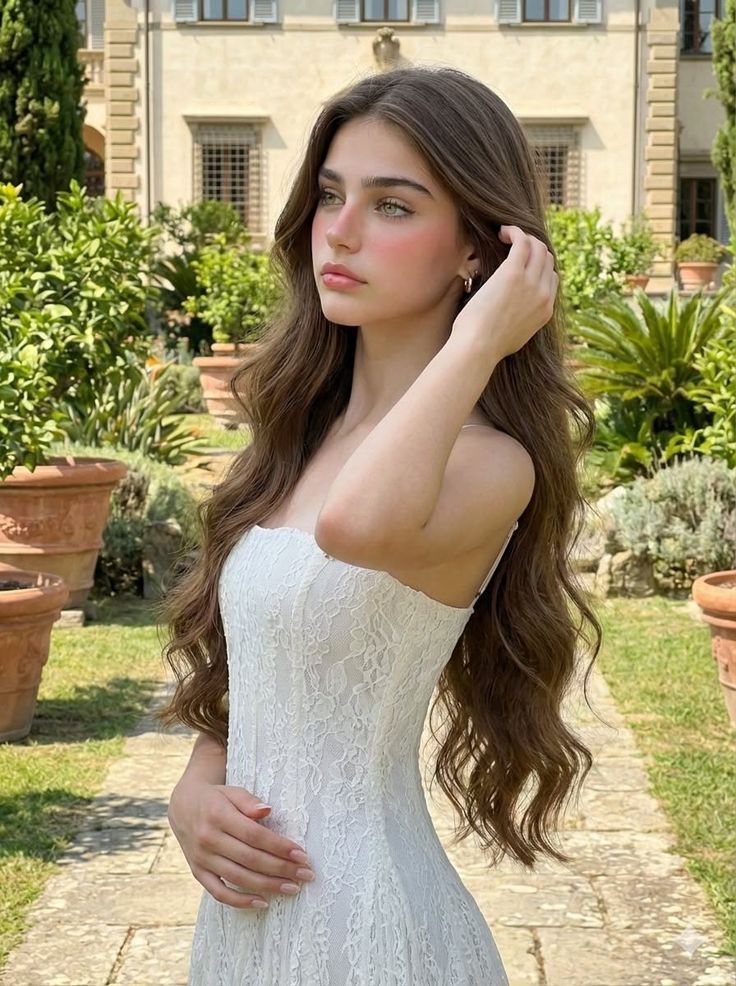 Woman in a white lace dress with long hair in a garden setting
