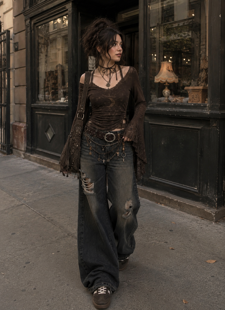 Woman in dark academia style clothing walking on a street