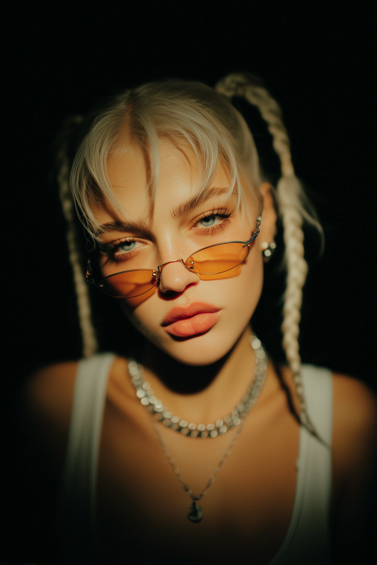Woman with blonde braided pigtails and orange sunglasses in dramatic lighting