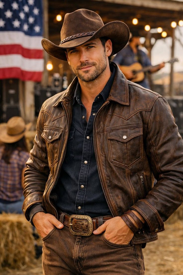 Man in a cowboy hat and leather jacket with an American flag in the background