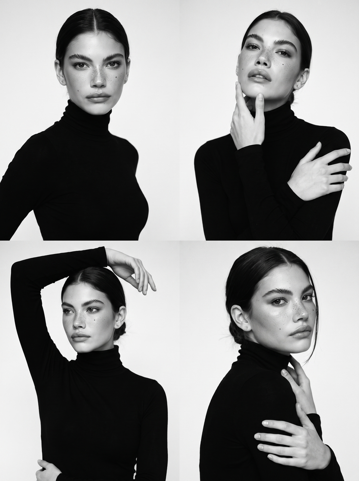 Woman in a black turtleneck posing in a black and white studio portrait