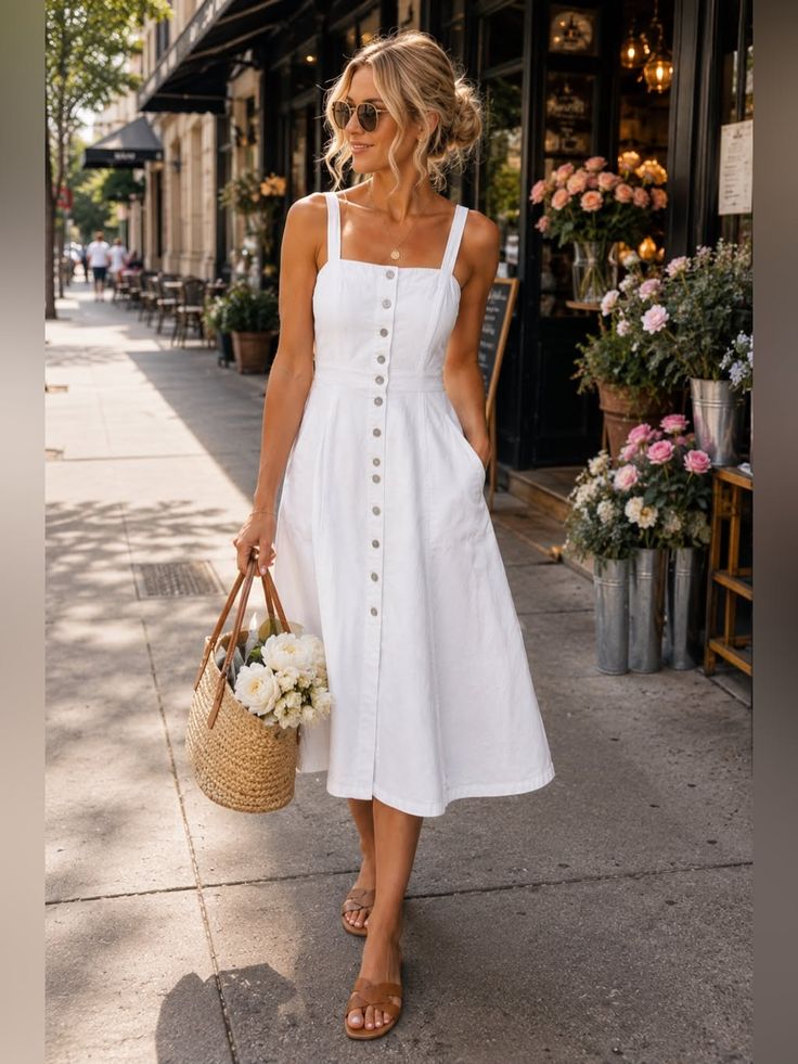 Woman in a white dress and sunglasses walking on a sunny street with a straw bag
