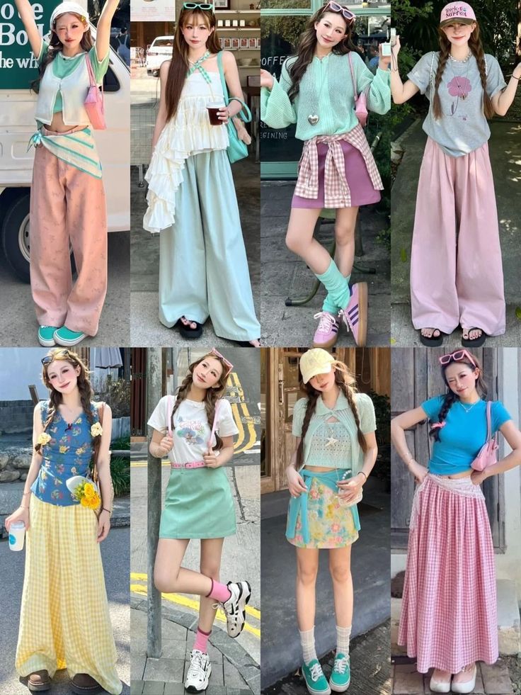 Multiple women posing in various pastel-colored casual outfits on a street
