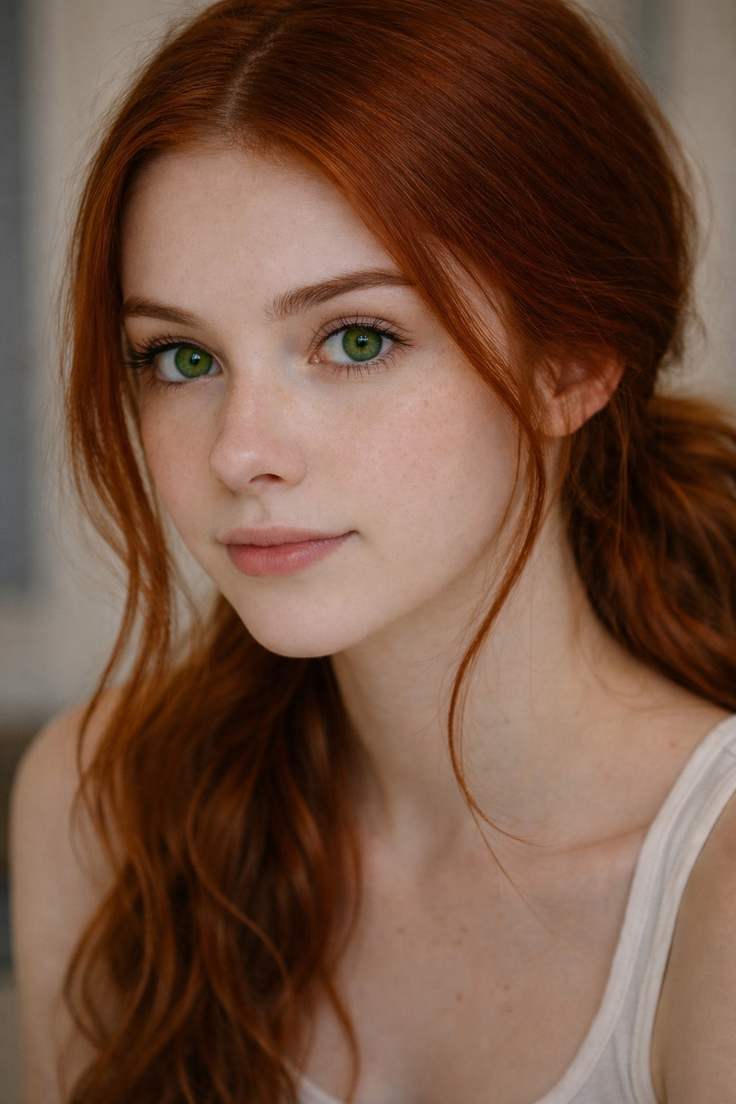 Close-up portrait of a woman with red hair and green eyes