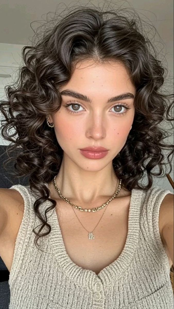Woman with curly brown hair wearing a light top and necklaces