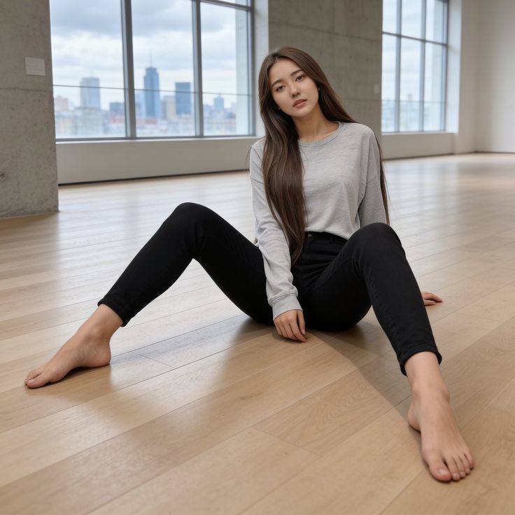 Woman with long hair sitting on a wooden floor in front of a large window