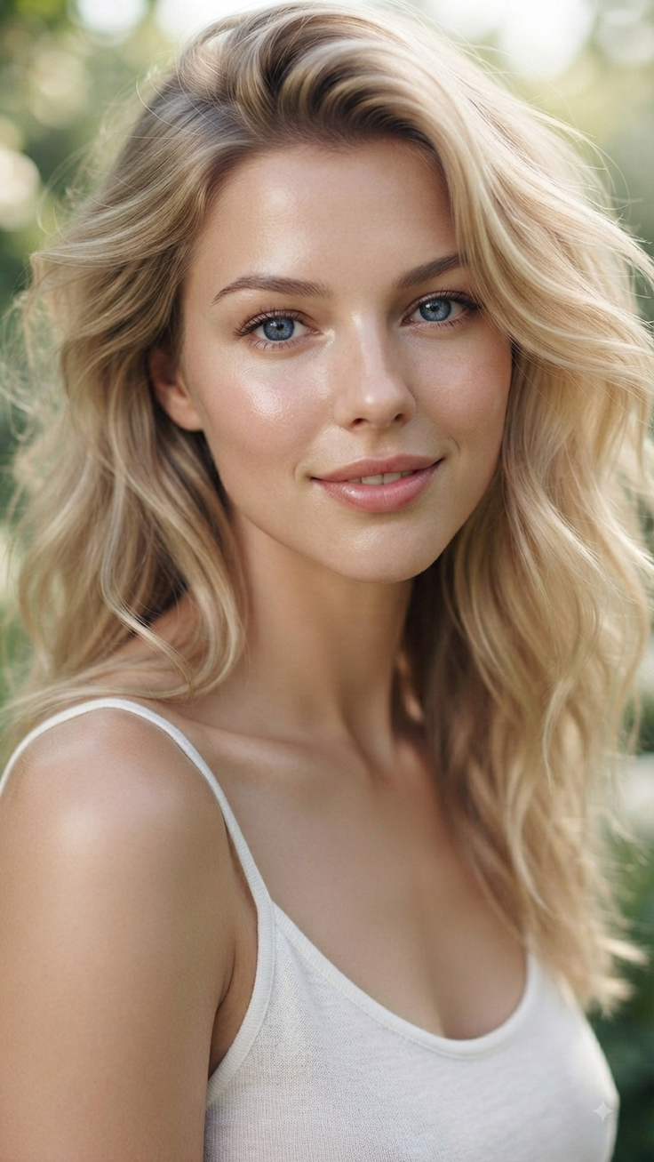 Blonde woman with blue eyes wearing a white tank top outdoors