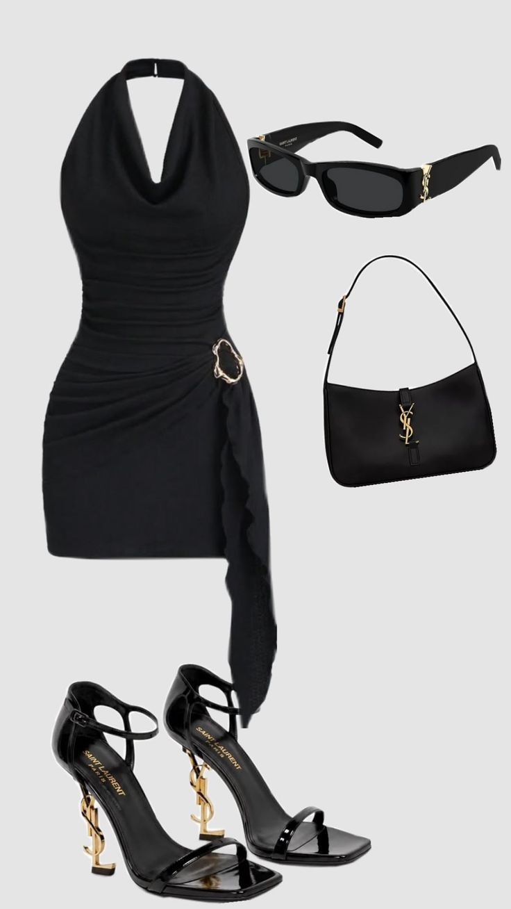 Black halter neck mini dress with matching accessories and high heels