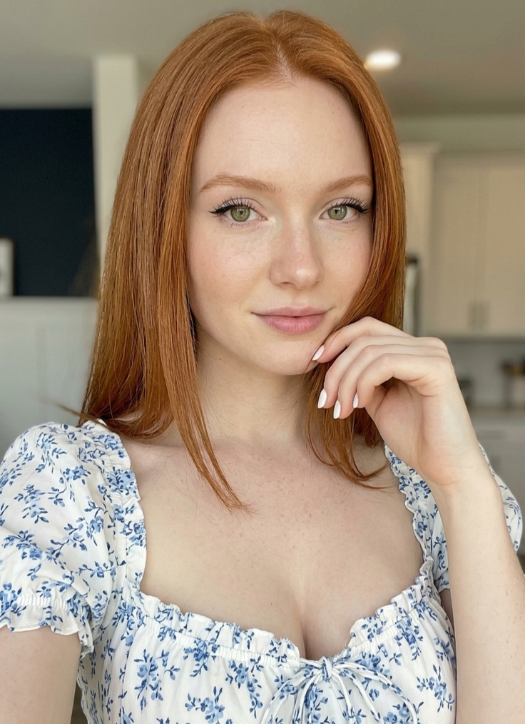 Woman with red hair and green eyes wearing a floral top indoors
